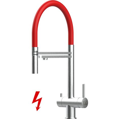 NIEDERDRUCK 3 Wege Edelstahl Massiv Küchenarmatur Spültischmischer, mit 360° schwenkbarem Rot Auslauf und 2 strahl Handbrause - Gebürstet (1/5)