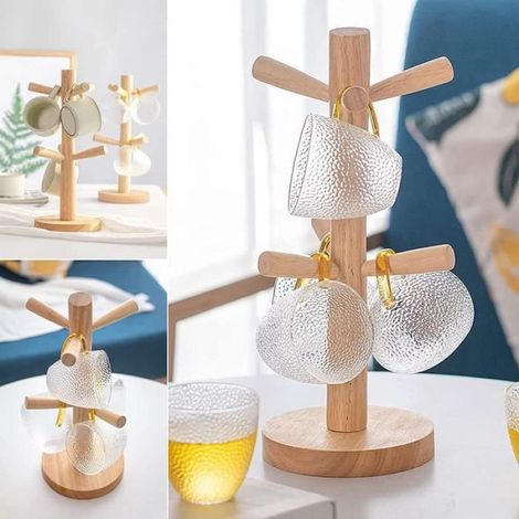 Porte-Tasses - Bois de Bambou - 6 Crochets Inclinés - Base Lestée - Design Scandinave - 1 Pièce (1/4)