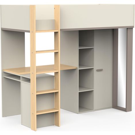 3 en 1 Lit, Bureau et Armoire – Lit Mezzanine 1 Place 90x200 cm – Armoire Rangement Spacieux – Bureau Idéal pour Ado ou Enfant – Miroir Intégré (1/5)