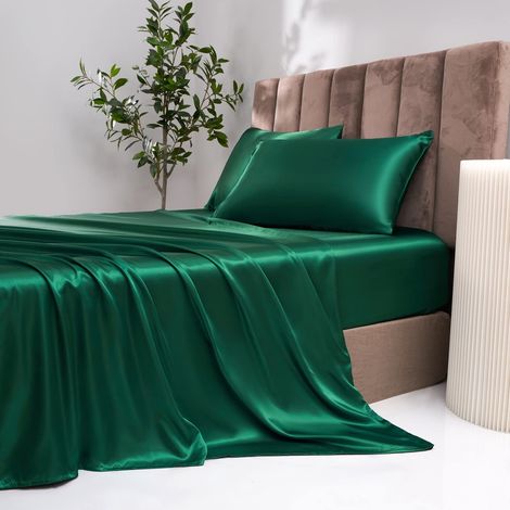 Drap-housse 200x200 cm Vert Foncé Satin Soie Brillant Drap Housse Unicolore, Convient pour des Matelas jusqu'à 30 cm (1/5)