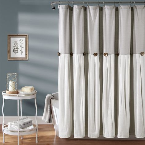 Rideau de Douche à Boutons en Lin, 182,9 x 213,4 cm (l x L), Gris et Blanc cassé – Rideau de Douche Rustique Extra Long – Rideau de Bain à Blocs de Couleurs avec Boutons en Noix de Coco (1/5)