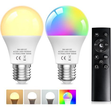 TobeBright Ampoule LED RGB E27 9W avec Télécommande, Dimmable RGB+ 3 Températures de Couleur Blanc Chaud, Blanc Froid, Lumière du Jour, Lumière D'ambiance pour Party Bar Halloween (Lot de 2) (1/5)