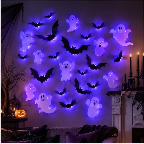 Set di 24 decorazioni di Halloween a forma di pipistrello 3D a LED per interni ed esterni - Kit di decorazioni di Halloween per finestre, porte, feste e adesivi (1/5)
