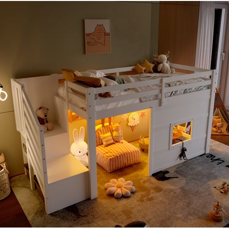 Lit mezzanine moderne 90x200 cm en bois blanc avec fenêtre, escalier de rangement, sommier à lattes et LED (1/5)