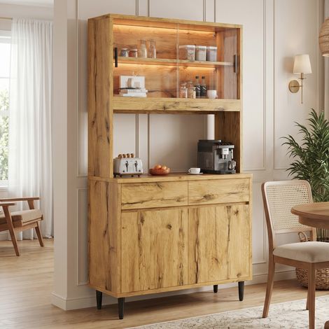 Buffet haut meuble de rangement salle à manger 100x40x185 cm, armoire colonne à plusieurs étagères, prises intégrées USB-C et USB-A, bande lumineuse LED couleur, finition chêne (1/5)