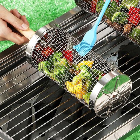 Panier de grill rotatif avec manche en bois résistant à la chaleur — Fil inox, rotation 360°, tailles S et L (1/5)