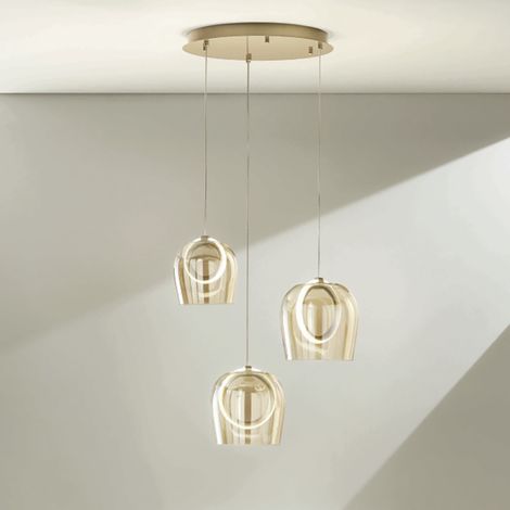Lampada a sospensione 35 cm in metallo Oro e vetri Ambra 3 Luci a Led PINTA (1/5)