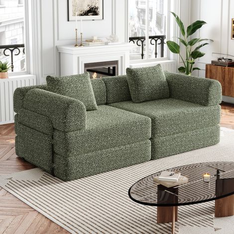 Schlafsofa mit Armlehnen Ablagefach, 2 in 1, Stahlrahmenunterstützung, Chenille, Grün (1/5)