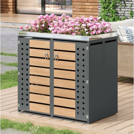 Doppel-Mülltonnenbox mit Pflanzkasten, verzinkter Stahl, grau und Holz HAVRYA (1/5)