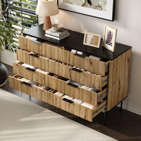 Credenza in MDF naturale e nero 120 x 39,5 x 80 cm con più cassetti e piedini stabili