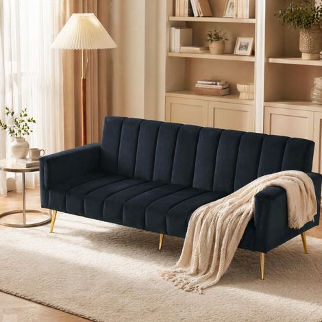 Canapé convertible velours noir 183 cm dossier inclinable HAVRYA (1/5)