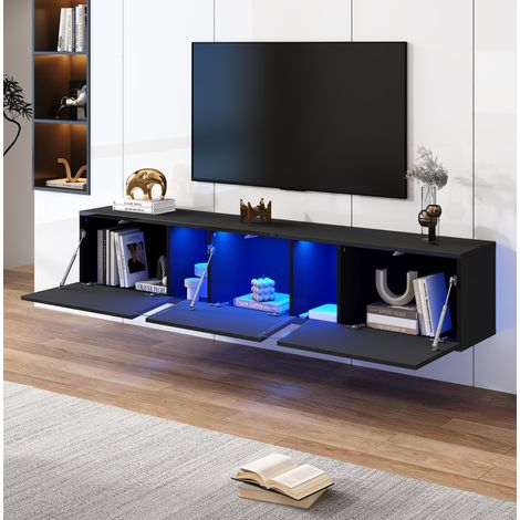 Meuble TV mural 180x35x30 cm en panneaux de bois noir, LED, gain de place pour salon FloraGrace (1/5)