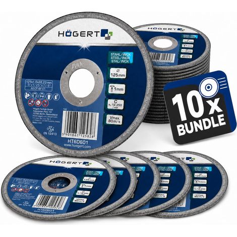 disque à tronçonner métal 125 mm, extra-fin 1,0 mm, meuleuse d'angle 125 x 1,0 x 22,23 mm pour acier et inox, coupe précise sans bavures, 10 pièces (1/4)