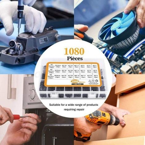 1080PCS M2 M3 M4 en Acier au Carbone Bouton à tête hexagonale Socket Tête Câble Boulons Vis avec écrous Assortiment (Noi Étiquette (1/4)