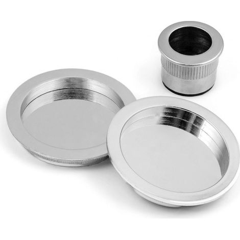 Kit poignée et clou pour portes coulissantes : finition laitonnée, nickel satiné, cuir satiné, rosaces rondes de 55 mm et dé à coudre central de 30 mm (nickel satiné) (1/4)