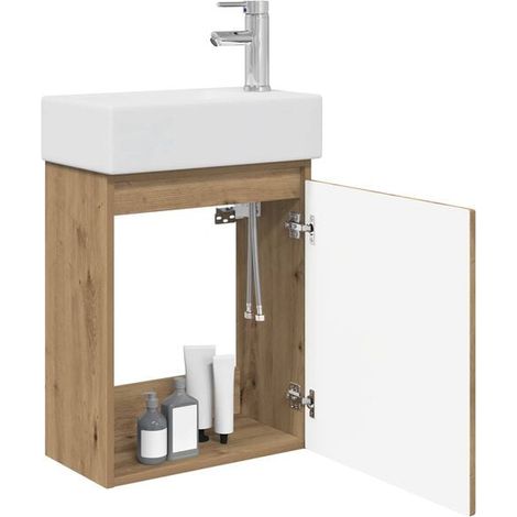 Meuble de Salle de Bain en Chêne Massif avec Robinet, Armoire Vasque Suspendue Style Moderne, Rangement Imperméable pour WC (1/5)