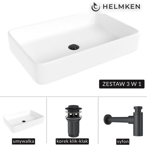 Lavabo da appoggio Helmken 84261000 (61,5x41) Bianco + Sifone nero opaco + Tappo Click-Clak nero opaco (1/5)