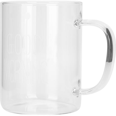 350 ml Klarglas mit Henkel, Kaffee-/Milchbecher, Wasserbecher, Küchenutensil, weiße Beschriftung (1/5)