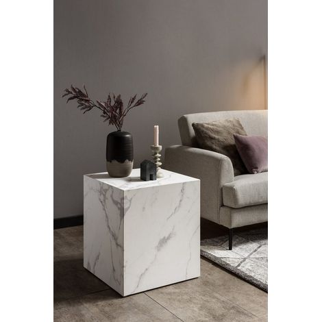 Table d'appoint cube bout de canapé aspect marbre blanc en mélamine 45 x 45 cm - PANGIVO (1/4)