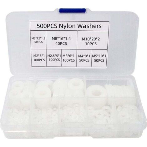 500 pièces rondelle plate en nylon, rondelle plate isolée joint rond joint d'étanchéité kit d'assortiment de tuyaux-M2/M2.5/M3/M4/M5/M6/M8/M10 (B-Blanc)