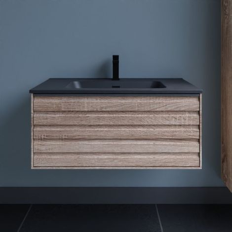 BadezimmerMˆbel HORIZON 80 cm Ò Goldene Eiche und schwarze Waschtischplatte (1/4)