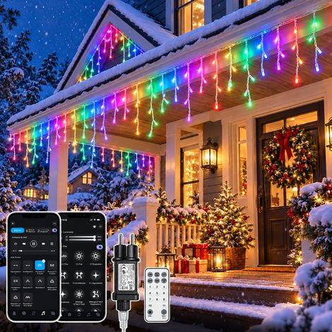 5m Rideau Lumineux Intelligent Noël avec APP 200 LEDs Extérieur Étanche IP44 17 Modes Intensité Variable 3 Timer Mémoire Sync Musicale Connectable Guirlande Stalactite Pluie Télécommande pour Jardin T (1/5)
