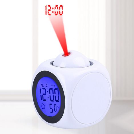 LED-Projektorwecker mit Sprachausgabe und Wand-/Himmelprojektion, Schlummerfunktion, Multifunktion (Uhrzeit, Temperatur) – Weiß, 3 AA-Batterien nicht enthalten