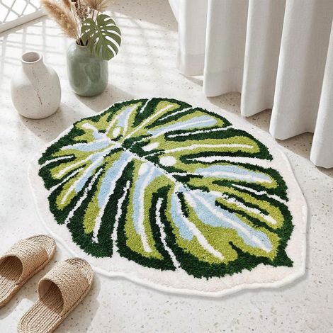 Niedlich Grün Monstera Blatt Tapis, Badteppich en Forme De Plante, Petit Antidérapant Tapis De Bain, Absorbant l'eau Lavable en Machine, Tapis De Salle De Bain 5 (1/5)