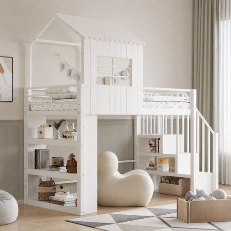 Letto a soppalco multifunzione 253.2x90.5x211.2 cm, con scala contenitore e scaffale, MDF e metallo bianco (1/5)
