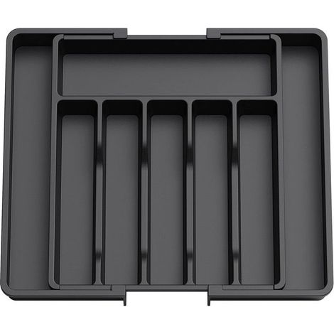 GABRIELLE Organisateur de couverts, organisateur de couverts extensible pour tiroirs de cuisine, support de rangement en plastique pour couverts, cuillères, fourchettes, couteaux, grand, noir (1/5)