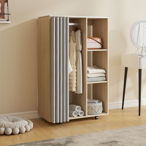 Armadio mobile con 4 ruote, asta appendiabiti e ripiani, 80x40x128 cm, effetto legno naturale.