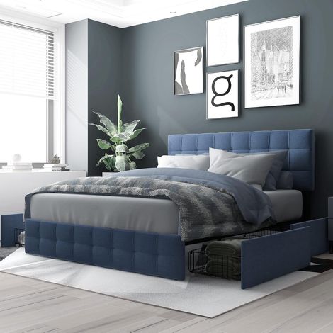 Cama doble tapizada con somier de láminas, cabecero regulable en altura y costuras cuadradas, soporte de láminas metálicas, tejido de lino, 140 x 200 cm (sin colchón, azul). (1/5)