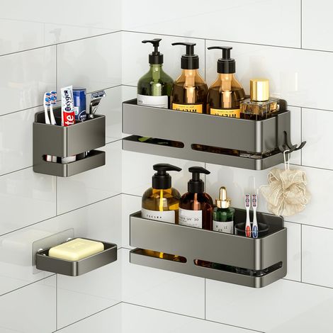 Etagere Salle, 4PCS, Accessoire Salle de Bain Antirouille,Gris (1/5)
