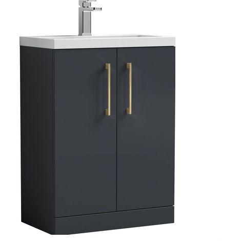 Balterley Bramshall Compact Bathroom Cloakroom Vanity Basin Unit with Polymarble Basin, Brushed Brass Handles, 600mm, Satin Dark Grey