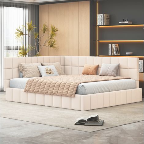 Letto da giorno imbottito Mid-Century Modern 160x200 cm in velluto beige con schienale, bracciolo e rete a doghe (1/5)