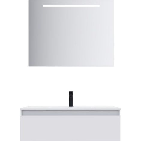 Meuble de salle de bain suspendu vasque intégrée 90cm 1 tiroir Blanc + miroir - Hudson (1/5)