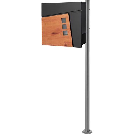 ECD Germany Boîte aux Lettres sur Pied Argenté avec Compartiment à Journaux, Anthracite/Aspect Bois, 120 cm, en Acier Inoxydable Revêtu par Poudre, 2 Clés Incluses, Résistant aux Intempéries, Moderne