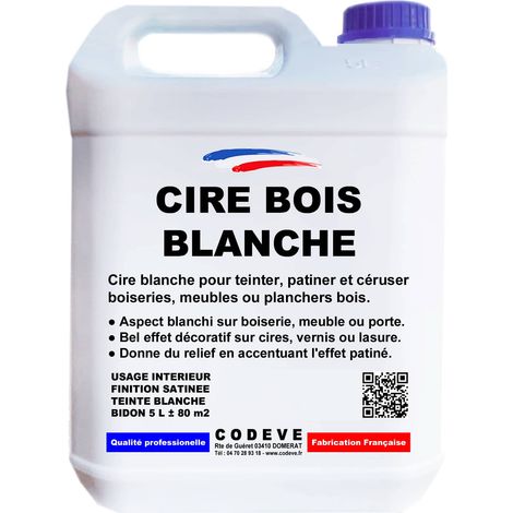 Codève Bois – Cire pour bois blanc 5 L – Effet blanchi sur meubles et boiseries – Application facile avec mèche de coton – Rendement 16 à 17 m²/l