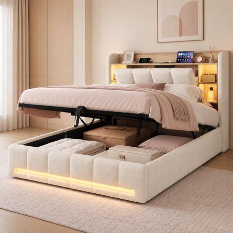 Cama canapé abatible 140x190 cm de matrimonio, Hidráulica con arcón de almacenaje, Luces LED RGB y puerto USB+Tipo C, Cabecero con espacio portaobjetos, tejido borreguito, Beige (1/5)