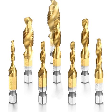 8 Pièces Combinaison Drill Foret Mèche HSS à tige Hexagonale M3-M10 Filetage Vis Robinet Titane placage Couleur de cuivre (1/5)