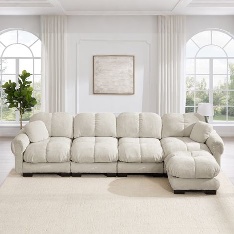 Modulares 4-Sitzer-Ecksofa 330 x 149 x 90 cm aus Chenille in Hellkhaki mit Ottomane – MEUBLIV (1/5)