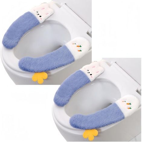 2 Paar Toilettensitzbezüge, dicke und haftende Toilettenabdeckung, hübscher waschbarer Plüsch-Toilettensitz für den Winter, weiches Toilettensitzkissen (Blau) (1/4)