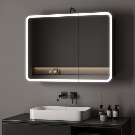 WDWRITTI Spiegelschrank Bad mit Beleuchtung 80x60 cm Spiegelschrank Schwarz mit Beleuchtung Badspiegel Schwarz Badezimmerschrank Hängeschränke mit 3 Einstellbare Lichtfarben, Beschlagfrei, Speicherfun (1/5)