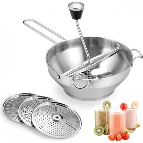 Moulin à légumes en acier inoxydable, moulin à légumes avec 3 disques de broyage, presse-purée, grand moulin à légumes pour sauce tomate, compote de pommes, purée, purée de pommes de terre, confiture, (1/4)