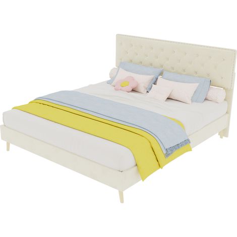 Lit 160x200 cm en velours beige avec tête de lit rembourrée, sommier à lattes robuste et rangements sous le lit, matelas inclus  CHICFURN (1/5)