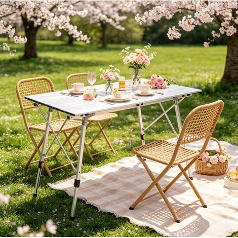Mesa de jardín plegable de aluminio plateado rectangular, altura regulable, resistente a la intemperie (1/5)