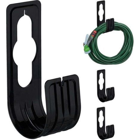Support mural ou pour robinet, lot de 4, supports pour tuyau d'arrosage, pour tuyau jusqu'à 30 m, 22 x 7,5 x 10 cm, noir (1/4)
