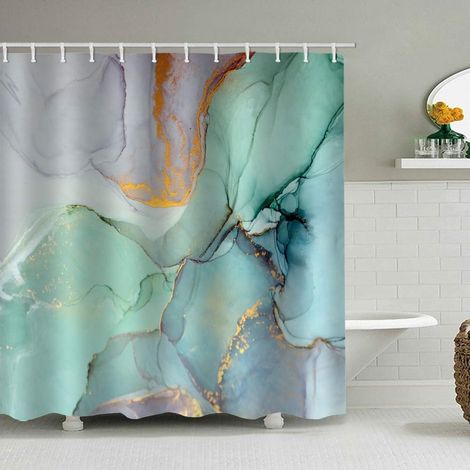 Filiyano-Rideaux de douche en tissu effet marbre coloré, avec 12 crochets, motif abstrait à l'encre, aquarelle, texture jade bleu-vert, rayures (1/5)