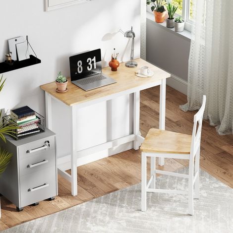 Table haute en bois naturel avec plateau effet chêne, compacte pour 2 personnes, cadre blanc (1/5)