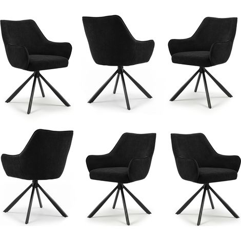 Bon Furni Samt Esszimmerstuhl Schwarz, 6er Set, 360° drehbar, ergonomisch mit Federkern, unsichtbarem Reißverschluss & verstellbaren Füßen